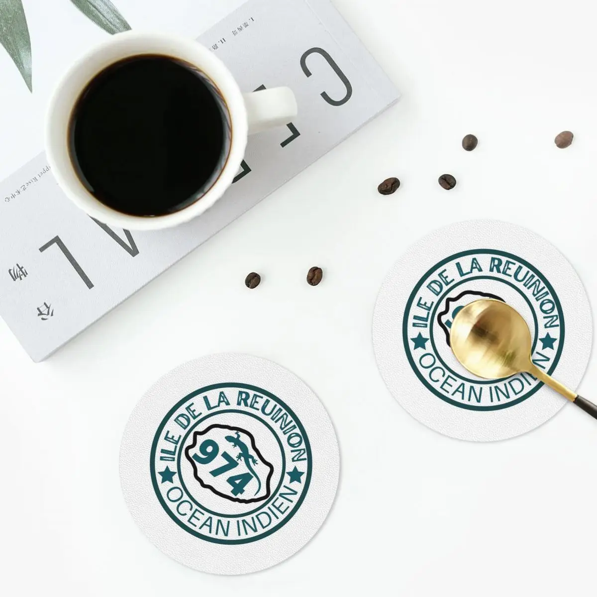 974 Reunion Island Flag Coasters PVC Leather Placemats Non-slip Coffee Mats for Home Kitchen Dining Pads Set of 6