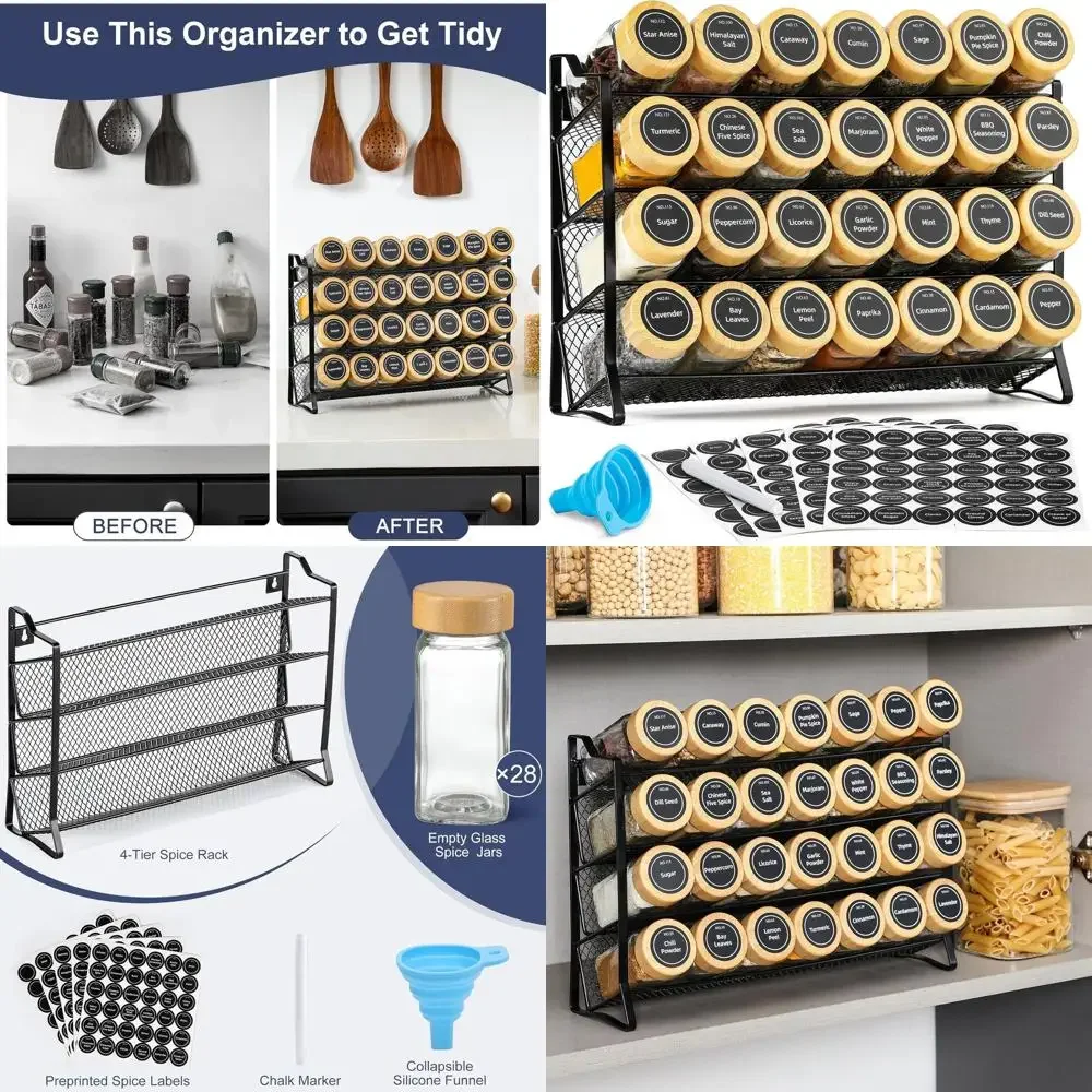 

Spice Rack Organizer with 28 Bamboo Jars, Funnel, Labels for Kitchen Cabinets and Countertops