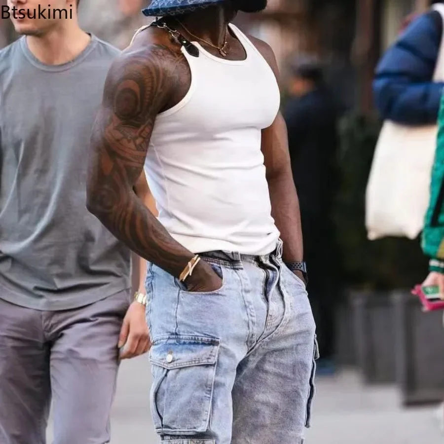 2026 Streetwear Men's Sexy Chain Button Straps Tank Tops Hip Hop Vest T-shirts Men Sleeveless Elastic Slim Fitness Muscle Vests
