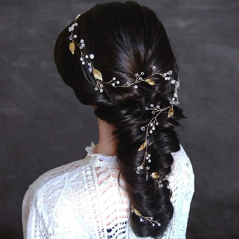 

Golden Leaf Hair Accessories Bridal Rhinestone Headband Hairpiece Wedding Vine Headdress Headgear Brides