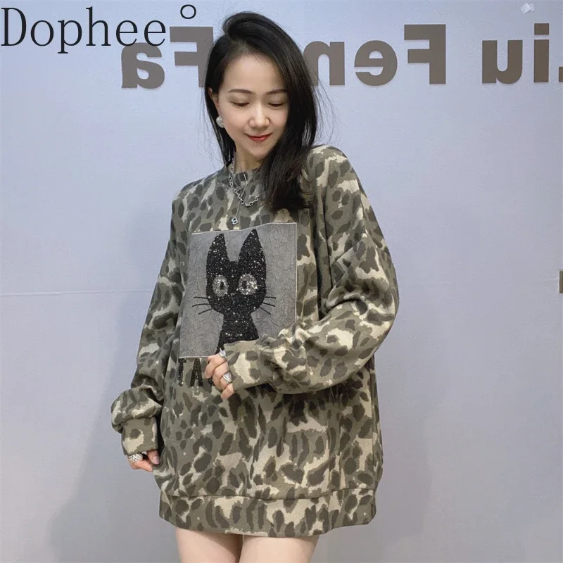 Streetwear Loose Long Sleeve T-shirt 2025 New Spring Autumn Leopard Hoodie Oversize Pullover Top Hot Drilling Mid-long T Shirts