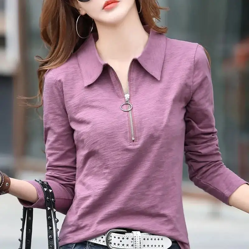 Casual Fashion Lapel Solid Color Zipper T-Shirt 2022 Autumn New Commute Pullovers Tops Long Sleeve Loose All-match Woman Tshirts