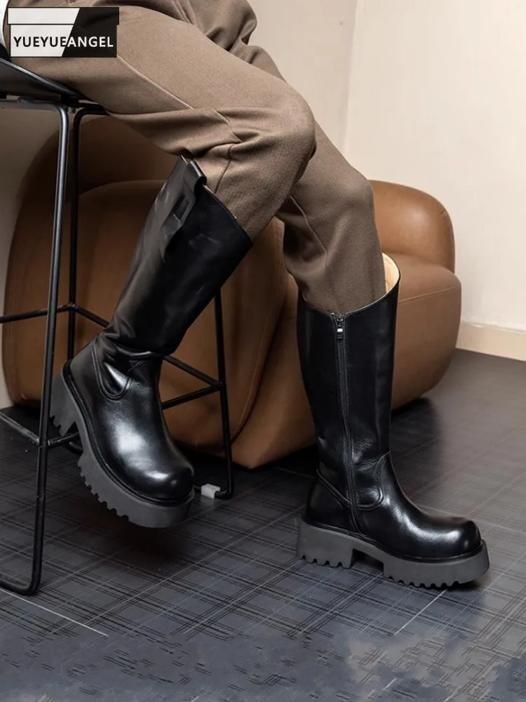Handmade Men New Comfortable Height Increasing Round Toe Zipper Genuine Leather Black Knee High Wear Resistant Long Boots Shoes