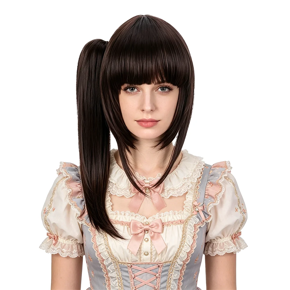Natural Black Hime Cut Wig with Detachable Tiger Clip-on Ponytail Heat Resistant Synthetic Wig For Anime Cosplay Party Daily Use
