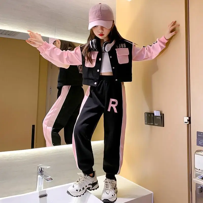 Ins Girl 2024 Spring Autumn Tracksuit Color Blocking Multi Pocket Junior Girl Outwearcoat Cotton Teenager Girl Trousers Pants