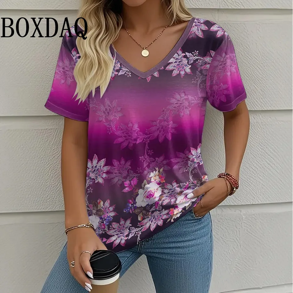 Summer Casual Loose Short Sleeve T Shirt Vintage V-Neck Flowers Printed Women's Tee Tops Plus Size Ladies T-Shirt 8XL Clothing