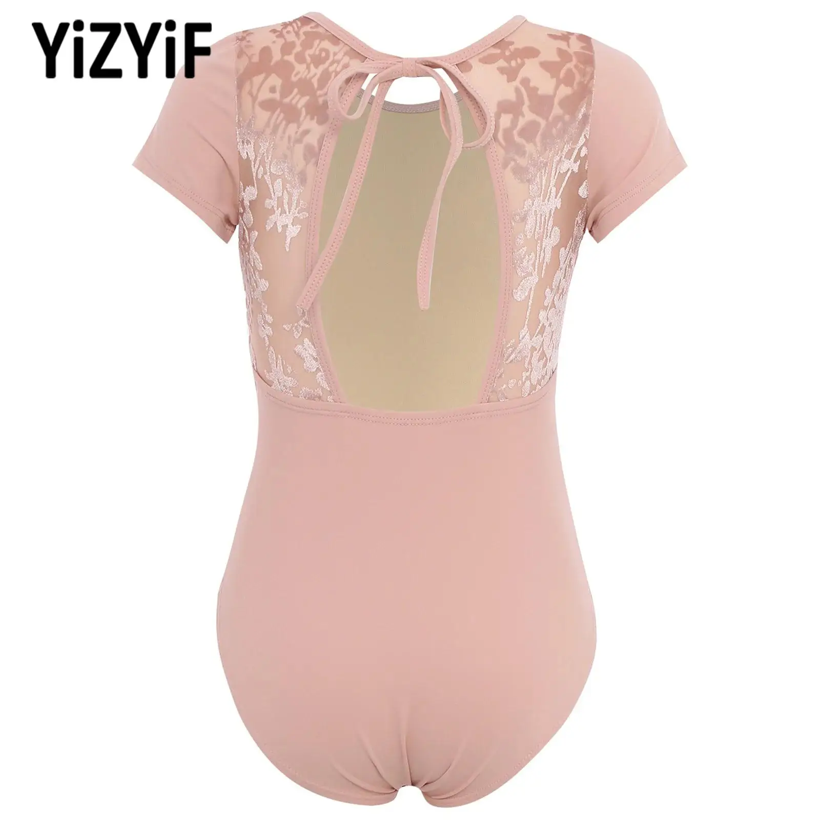 Teen Girls Short Sleeve Ballet Dance Gym Leotard Cutout Back Velvet Printed Mesh Leotard for Practice Performance Competition