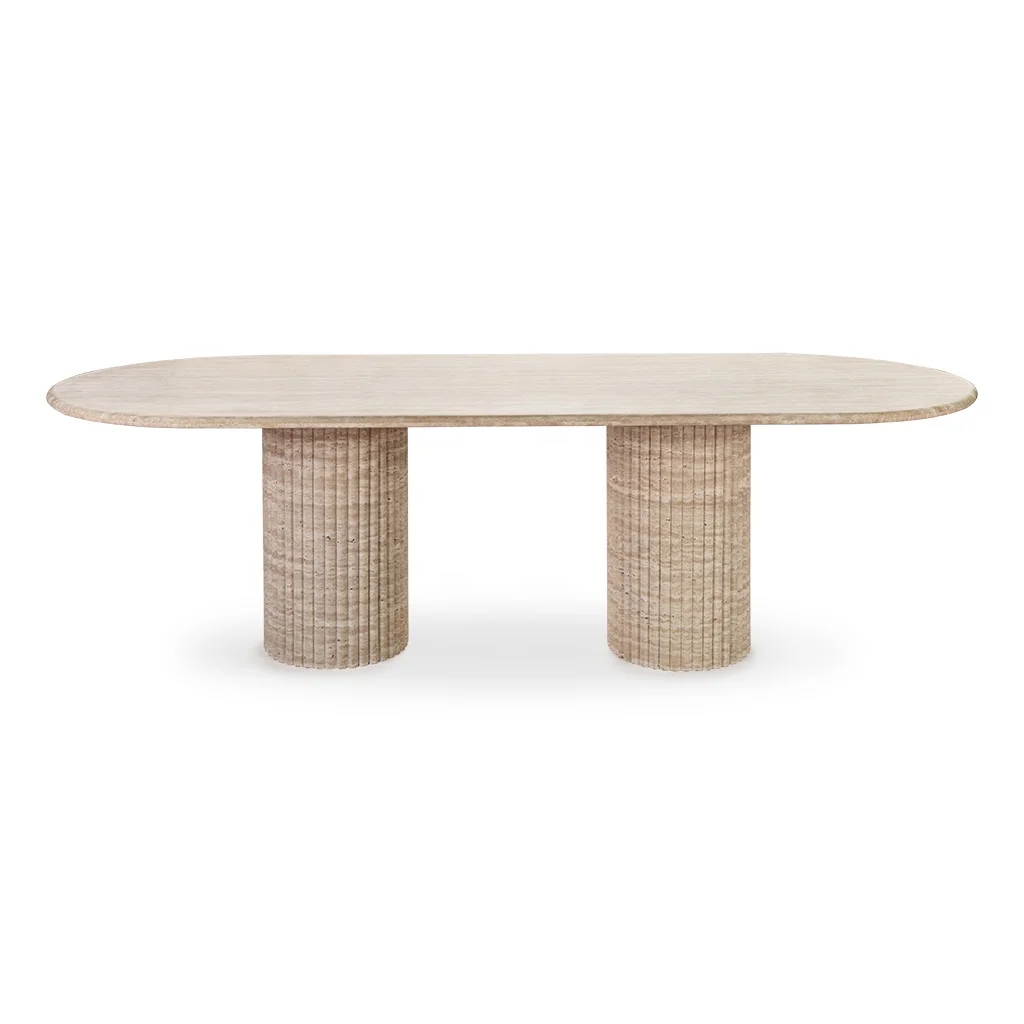 8 Seater Customized Natural Stone Fluted Oval Beige Travertine Dining Table For Villa Home