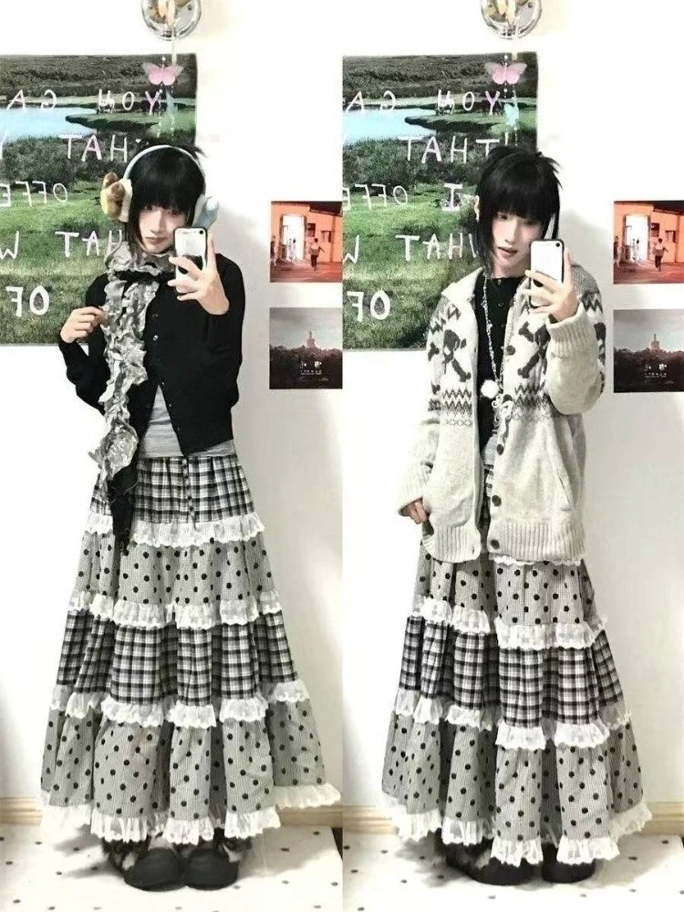 Women French Retro Sweet Lace Patchwork A‑Line Skirt Japanese Style Lolita Harajuku Y2K Hot Girls Fashion Flared Casual Skirt