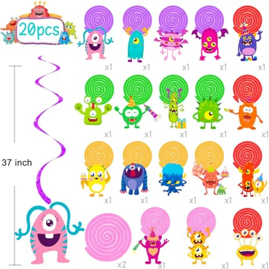 20pcs Cartoon Monster Hanging Swirls Decorations Monster Bash Birthday Party Decorations Little Monster Ceiling Streamers Decor
