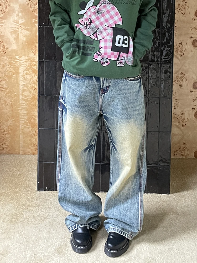 

Ретро джинсы из денима с эффектом потертости, свободные широкие брюки в уличном стиле, модные брендовые брюки для джазовых и уличных танцев для женщин, синие, с молнией на талии