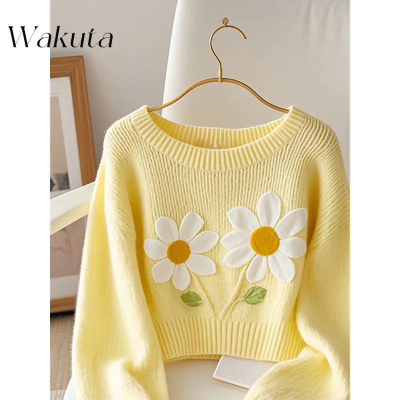 WAKUTA Autunno Elegante versione coreana del maglione lavorato a maglia che riduce l'età alla moda con dopamina Pullover con stampa gialla Maglioni Y2k Commer 