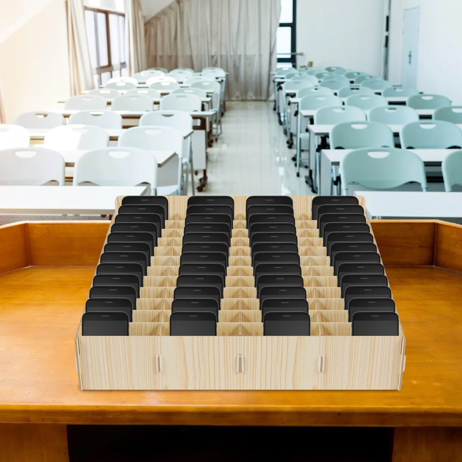 12/24/48 Grid Mobile Phone Storage Box Wood Cell Phone Holder Multifunctional Desktop Organizer for Classroom Phone Management