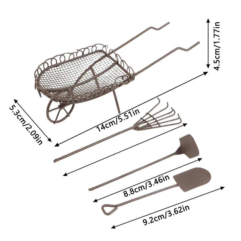 Kit d'outils de jardin de simulation de maison de courses, pelle, râteau, chariot de houe, outil de ferme, ornements, accessoires de maison de poupées, 1/12