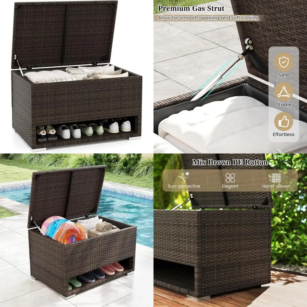 

Плетеный ящик для хранения на 48 галлонов с полкой для обуви, защитным вкладышем, идеально подходит для подушек для патио, аксессуаров для бассейна и сада