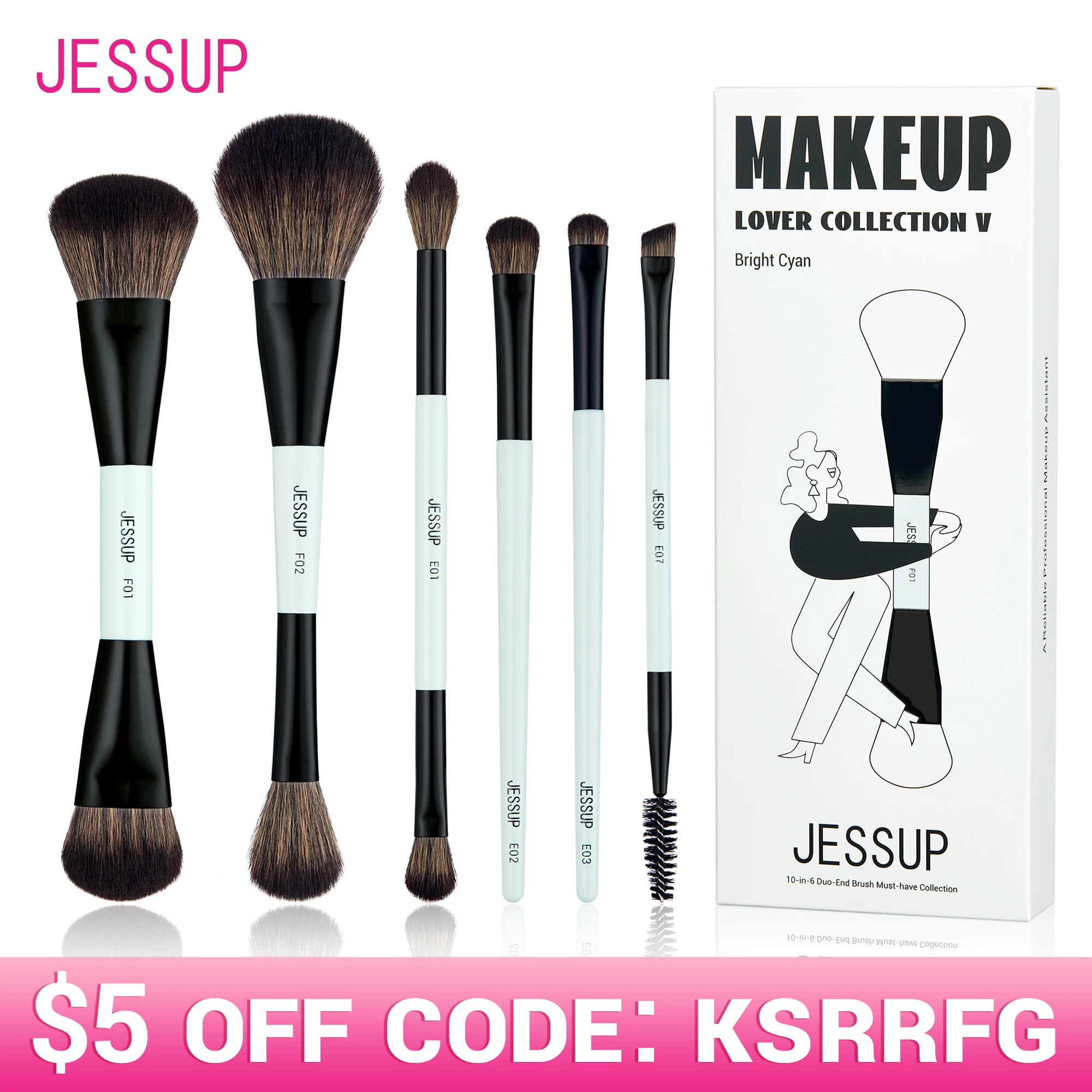 Jessup Makeup Brush Set Double Sided Makeup Brushes Foundation Contour Blush Blending Eyebrow Shadow,Fiber Bright Cyan T501