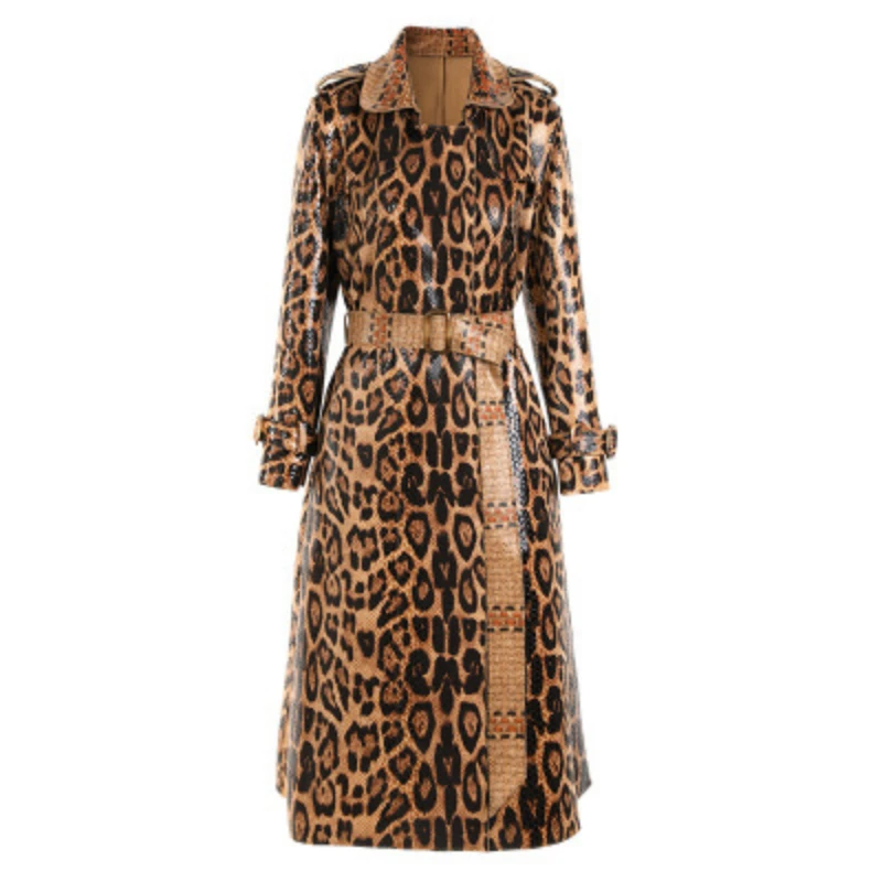 Spring AutumnTrench Coat for Women Leopard Snake Raincoat with Belt Slim Jacket Turndown Collar Sleeves Button Fashion Outerwear