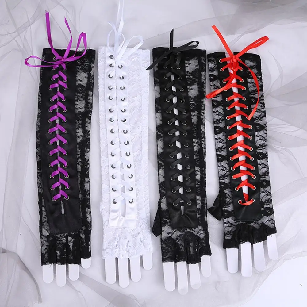 1 Pair Women Halloween Gloves Lace-up Strap Hollow Out Lace Half Finger Flower Embroidery Parties Cosplay Role Play Gloves 파티 장갑