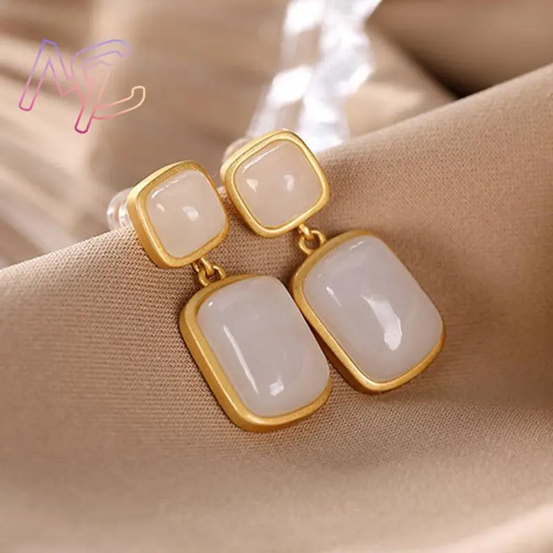Natural Jade Earrings Gifts for Women Lucky Charm Carved Gemstone Ear Stud Designer Fashion Accessories Real Jewelry