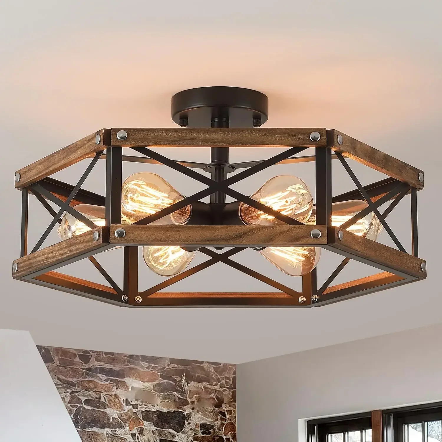 

6-Light Large Rustic Farmhouse Wood Flush Mount Ceiling Light Fixture 20 inch Oak Wood and Metal Cage Semi Flush Mount Ceiling L