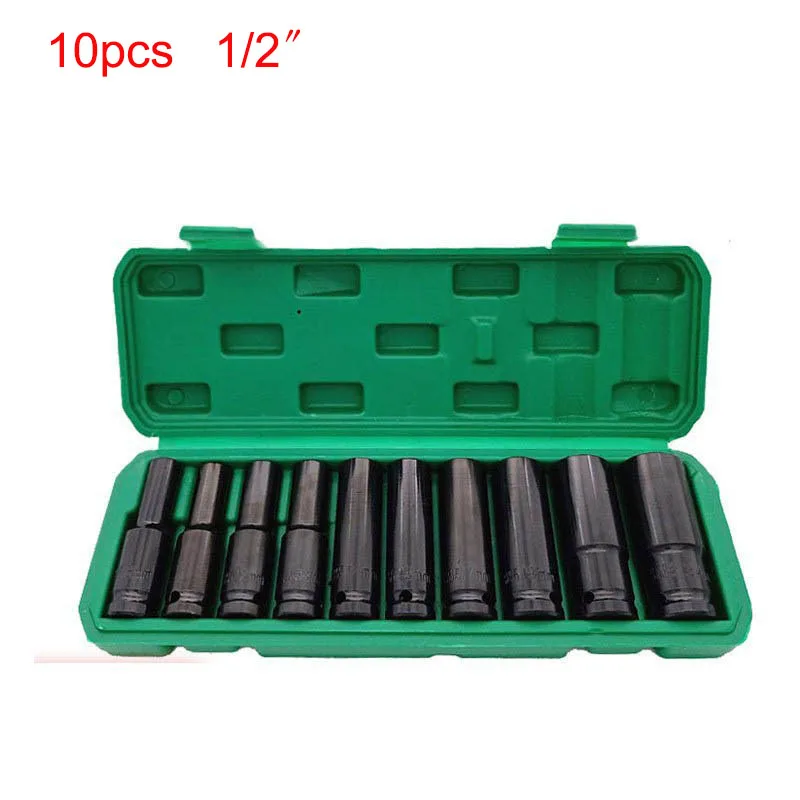 K50 10pcs 1/2-Inch Drive Deep Impact Socket Set, Drive Wrench for Air Pneumatic Repair Tools 8 mm - 24 mm Hex Socket Head Kit