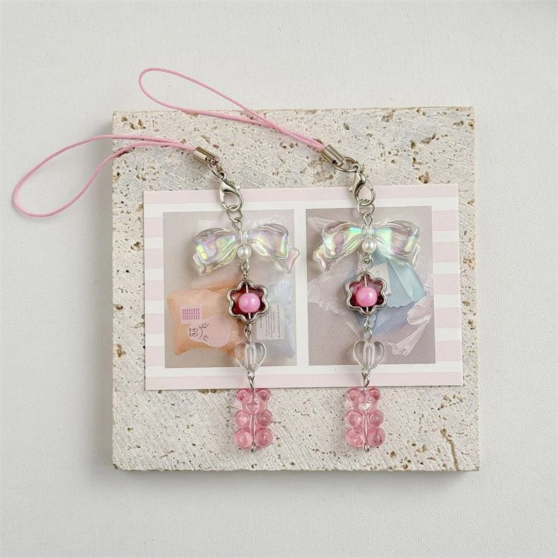 Pink Bear Bow Beaded Phone Chain Headphone Case Anti-lost Chain Fashion Keychain Pendant Rope Bag Decorations Lanyard Gifts