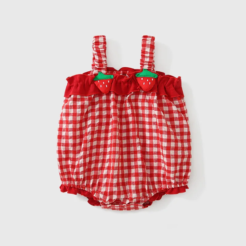 

MINISO летний клетчатый комбинезон на подтяжках для маленьких девочек, красный клубничный принт, корейский стиль, треугольный наряд для ползания, боди для детей 0-1 лет