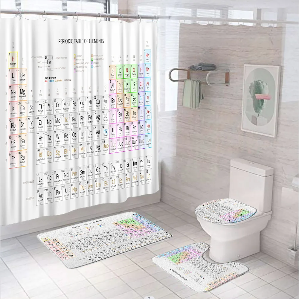 Periodic Table Of Elements Shower Curtain Sets Educate Study Art Bathroom Curtains Non-Slip Bath Mat Pedestal Rugs Toilet Covers