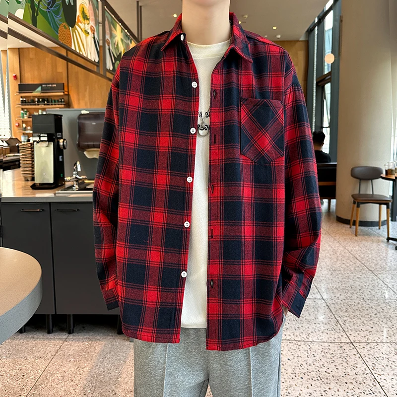 

Мужская демисезонная свободная куртка в клетку в корейском стиле для молодежи, универсальная повседневная модель на весну-осень