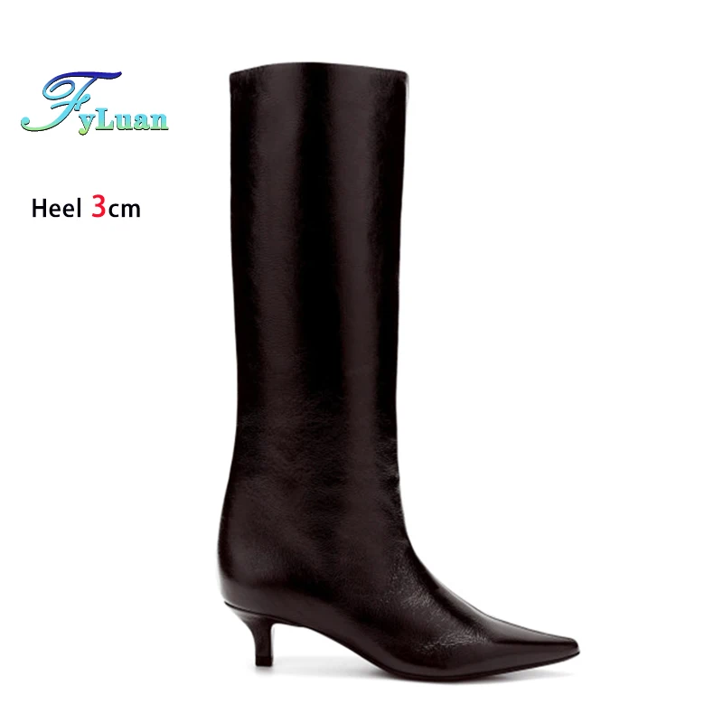 

2025 Autumn Winter New Pointy Knee-high Boots Solid Color Fashion Casual Women 3CM High Heeled Outdoors Shoes Female High Boots
