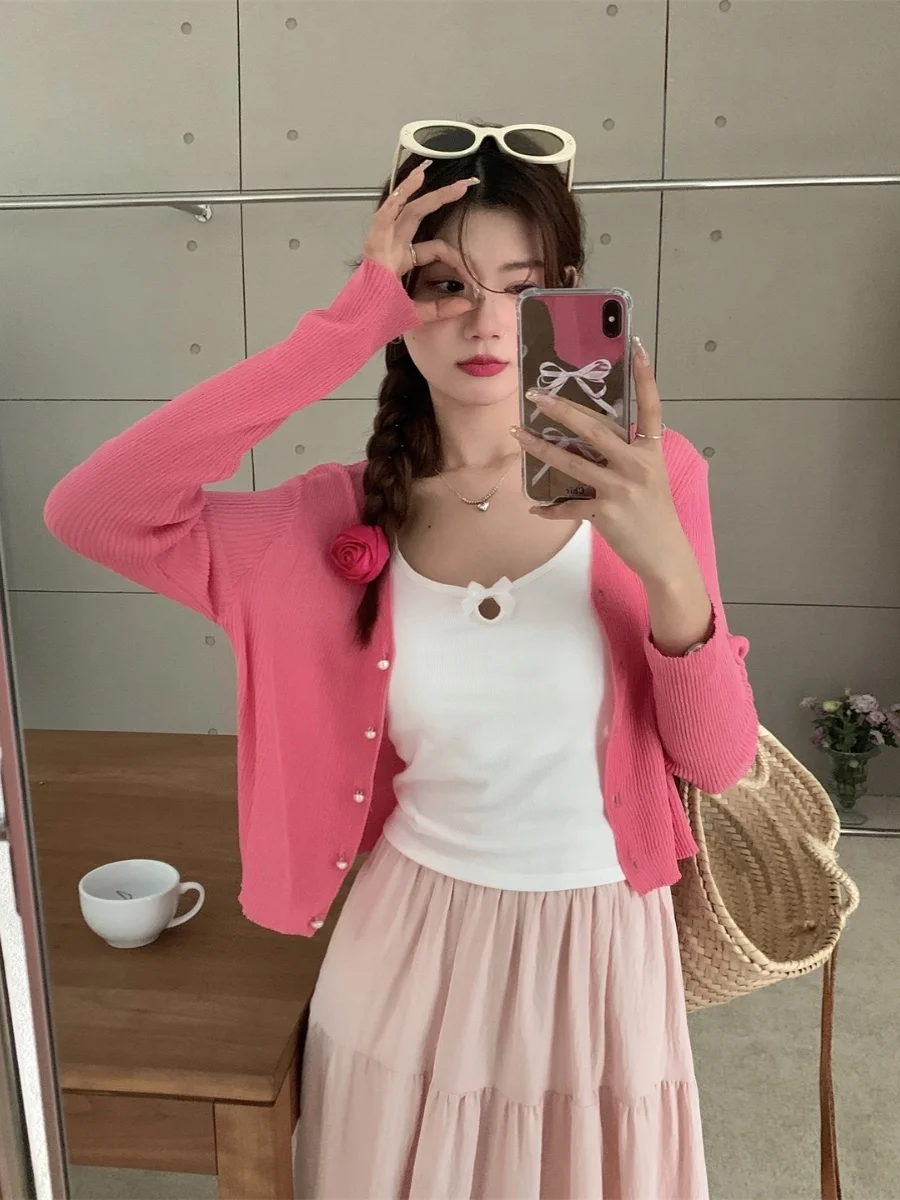 

Red V-Ne Knitted Sweater awl Strap Ice Silk Women's Spring Summer Sun Protection Cover up Korean Sle Straight Cut Button