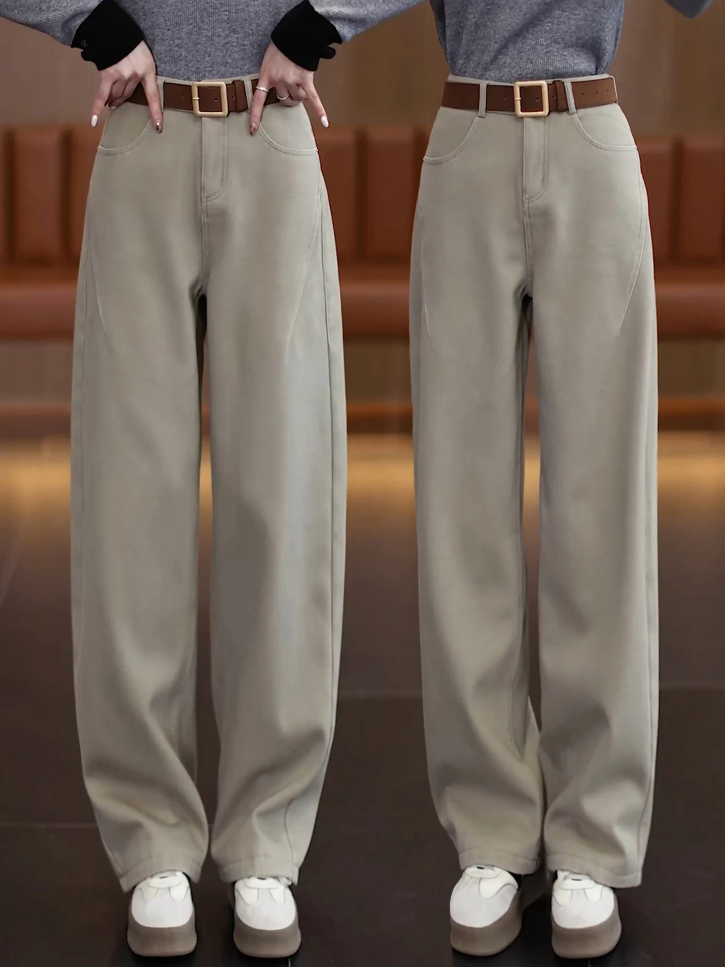 

High Waist Fleece Lined Denim Jeans Women's Casual Wide Leg Banana Pants Autumn Winter New Style Dreamy Elegant Cotton Blend