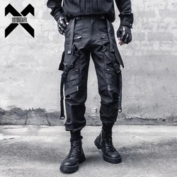 Techwear Functional Cargo Pants Men Fashion Tactical Ribbons Design Trousers 2025 Spring Hip Hop Streetwear Pants Black