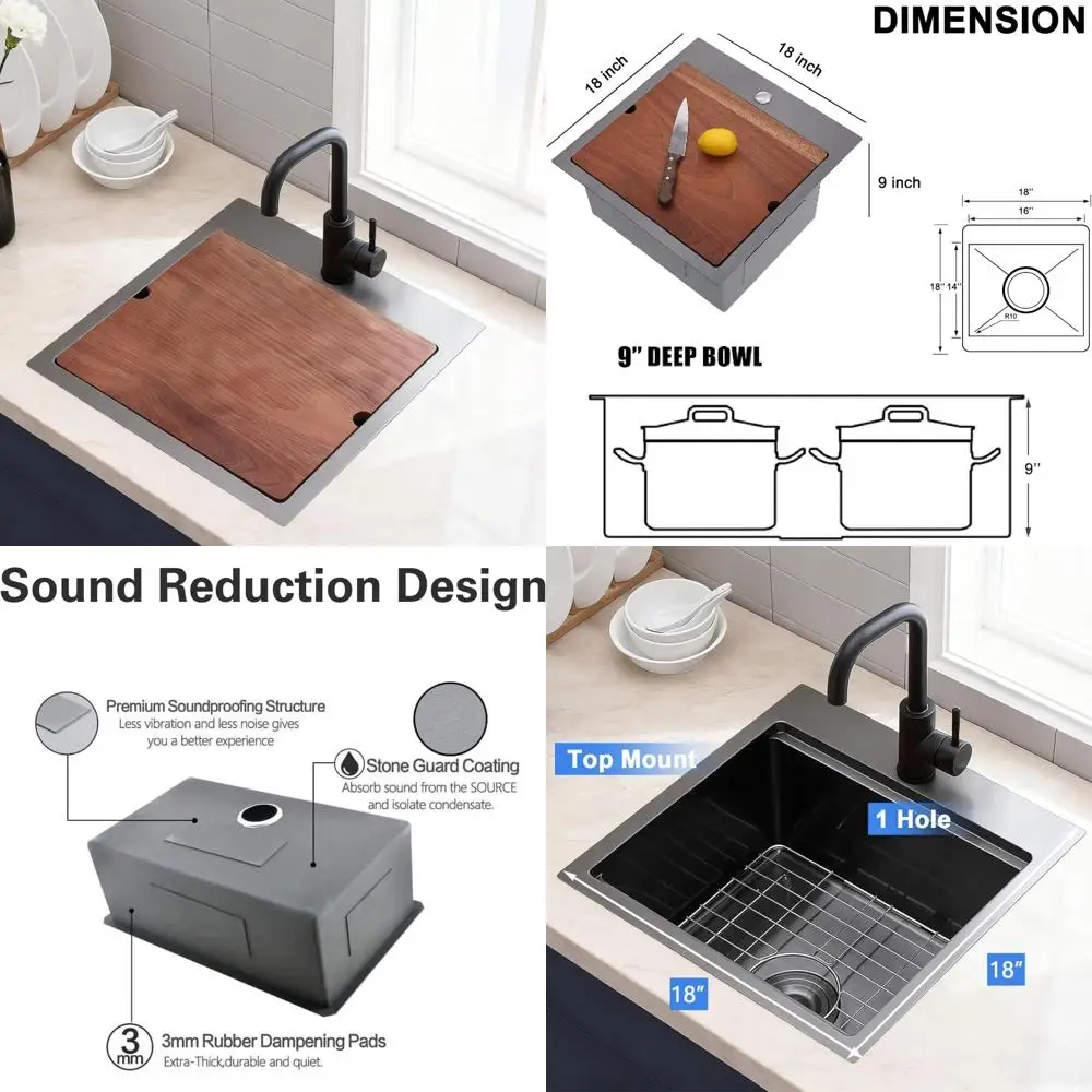 

Stainless Steel 18x18 Inch Drop-In Bar Sink with Cutting Board, 9 Inch Deep for Kitchen Prep and RV Use