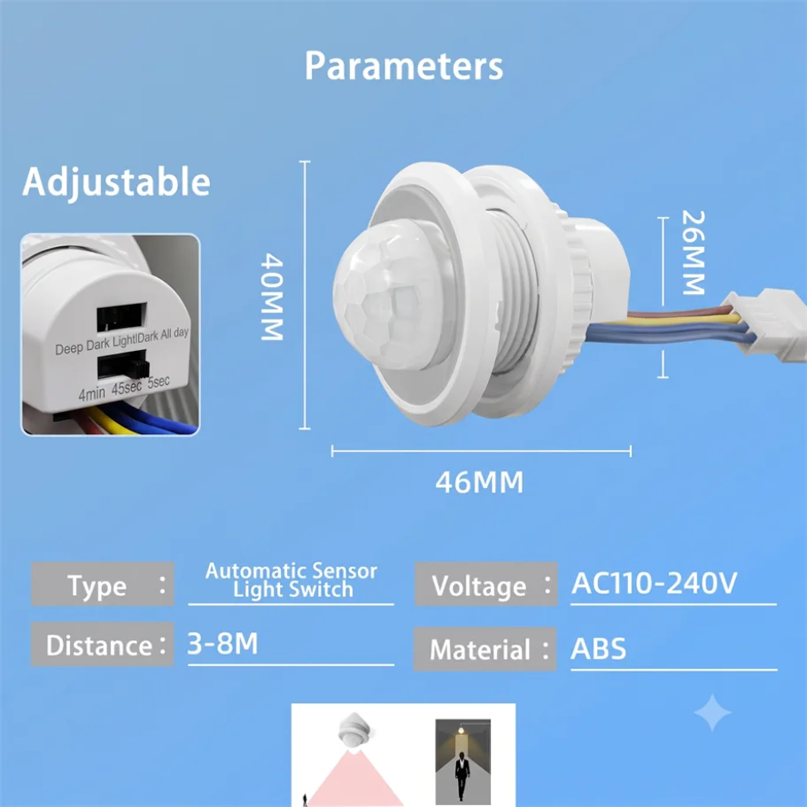 AC85-265V Embedded PIR Motion Sensor Switch Human Infrared Detector 3-8M Sensing Distance for Ceiling Lamp Downlight LED Bulb