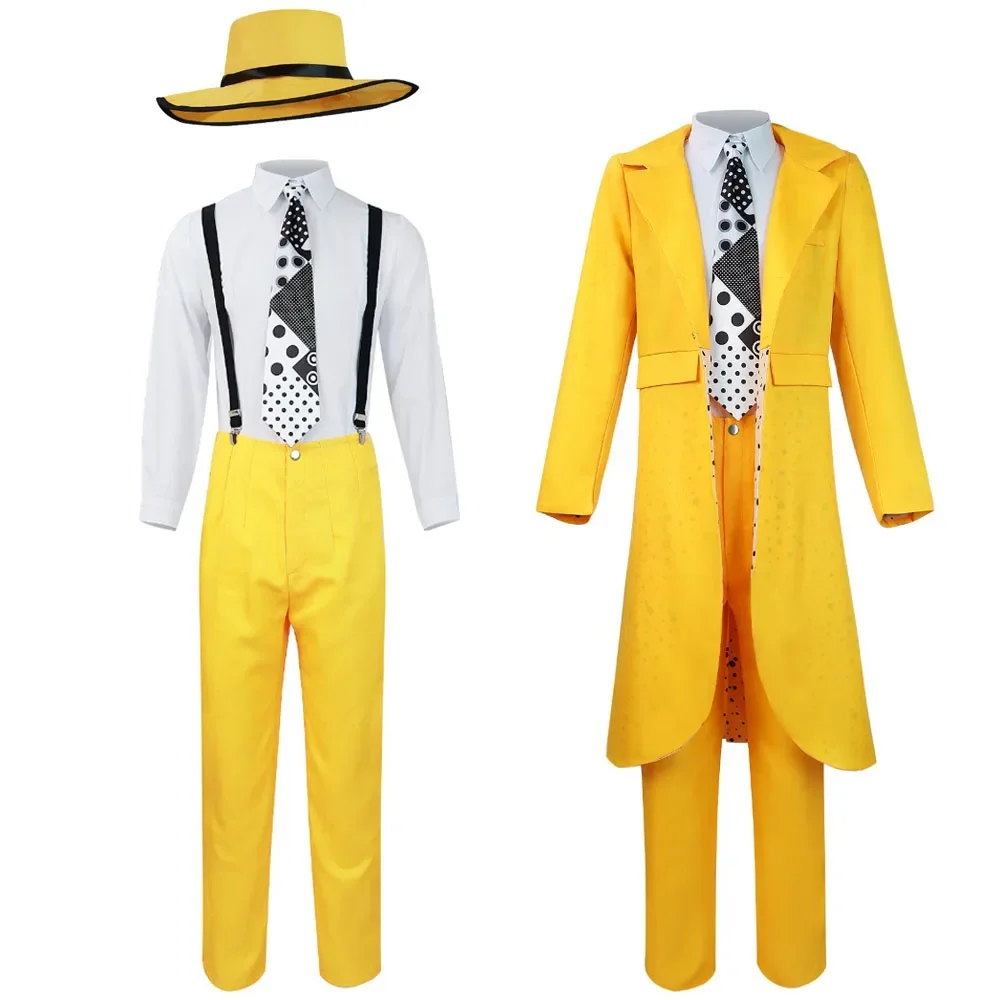 

Movie The Mask Jim Carey Cosplay Costume Adult Yellow Coat Shirt Pants Accessories Full Set La Máscara Role Play Suit Halloween