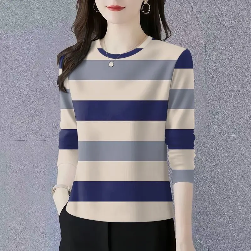 

Casual Stripe Long Sleeve Loose Fit round Neck T-Shirt Women's Base Layer Shirt Slimming Cover up Top for Middle-Aged Women