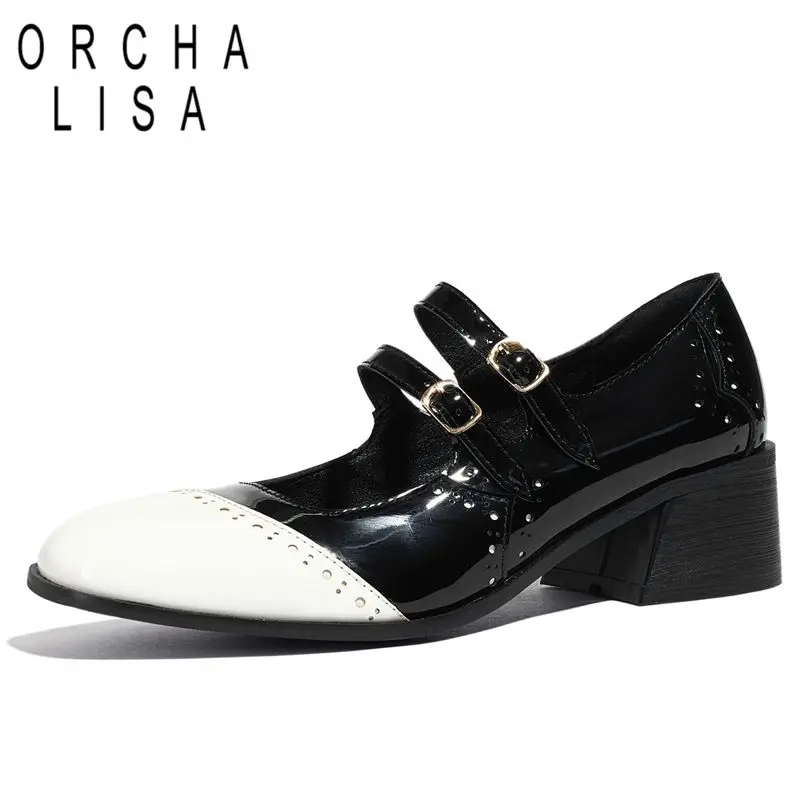 

ORCHA LISA Design Женские туфли-лодочки с круглым носком на блочном каблуке 4,5 см с двойной пряжкой и ремешком Разноцветные туфли размера плюс 42 43 Ежедневная обувь Мэри Джейн