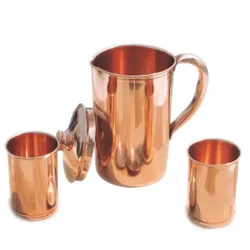 Pure Copper Handmade Jug Water Pitcher 1.5 L and 2 Glasses 300ml of Set