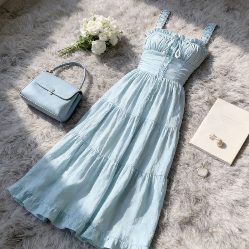Mint Wave Strapless Long Dress Women Summer New Belt Slim Vacation Style Beachwear Polyester Fiber Square Collar Ankle-Leng