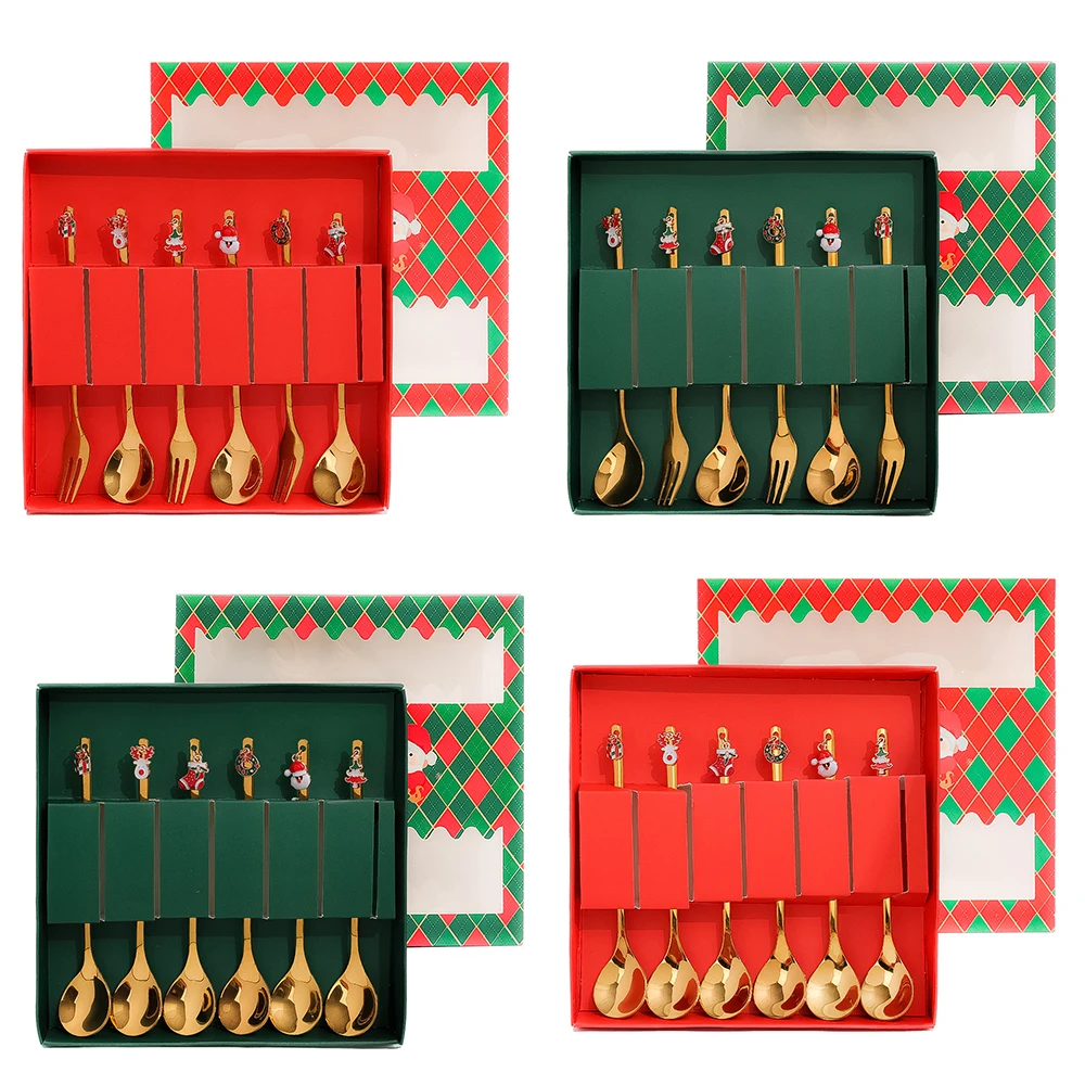 6/2Pcs Christmas Spoon Fork Set Christmas Gifts Santa Xmas Elk Fruit Fork Coffee Spoon Cutlery Set Xmas New Year Tableware Decor