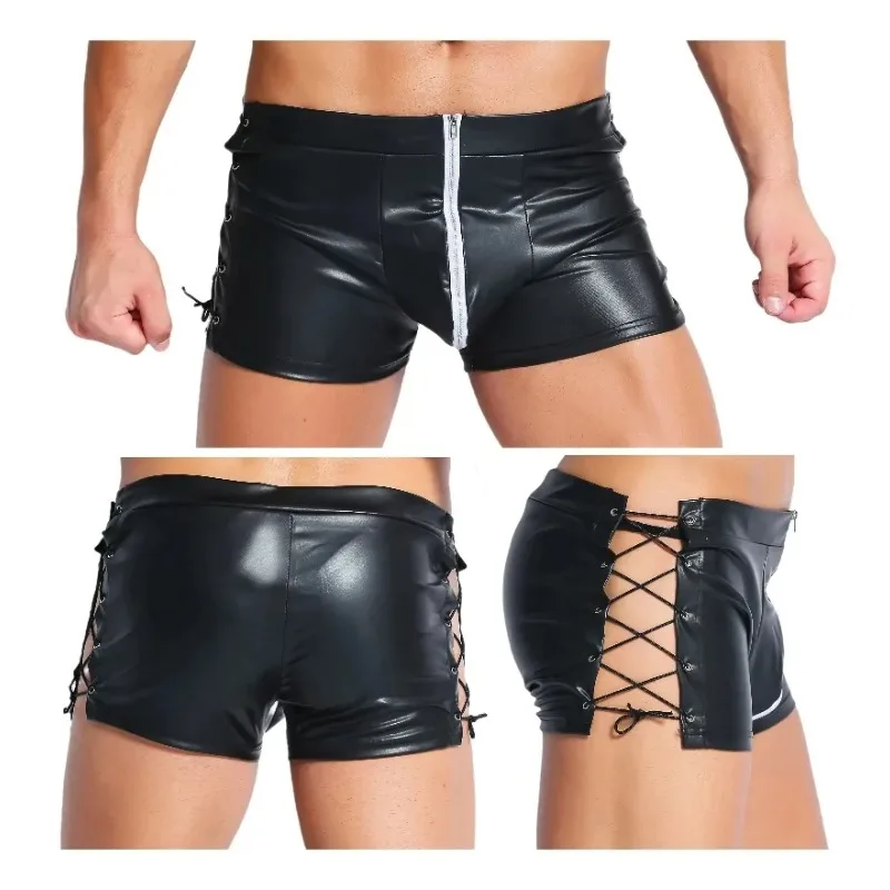 

Fashion Men's Shiny PVC Leather Shorts Latex Nightclub Stage Short Pants Zipper Men Club Party Dance Casual Shorts with Pockets