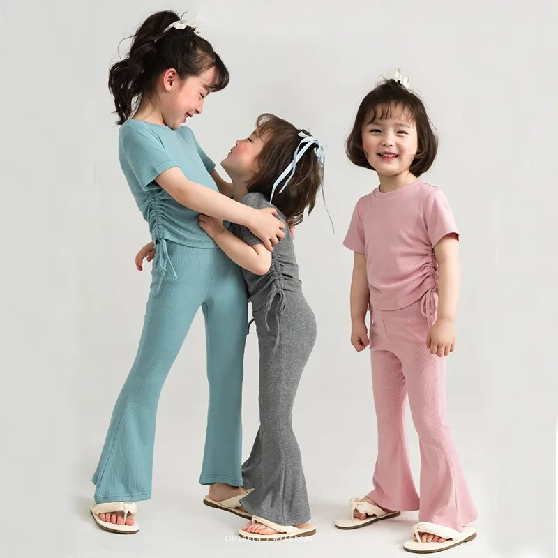 2 Pcs Girls Flared Pants 2024 New Spring Clothes Children Fashion Knit Pants+T-shirt Summer Suit Baby Girl Casual Trousers 5Yrs