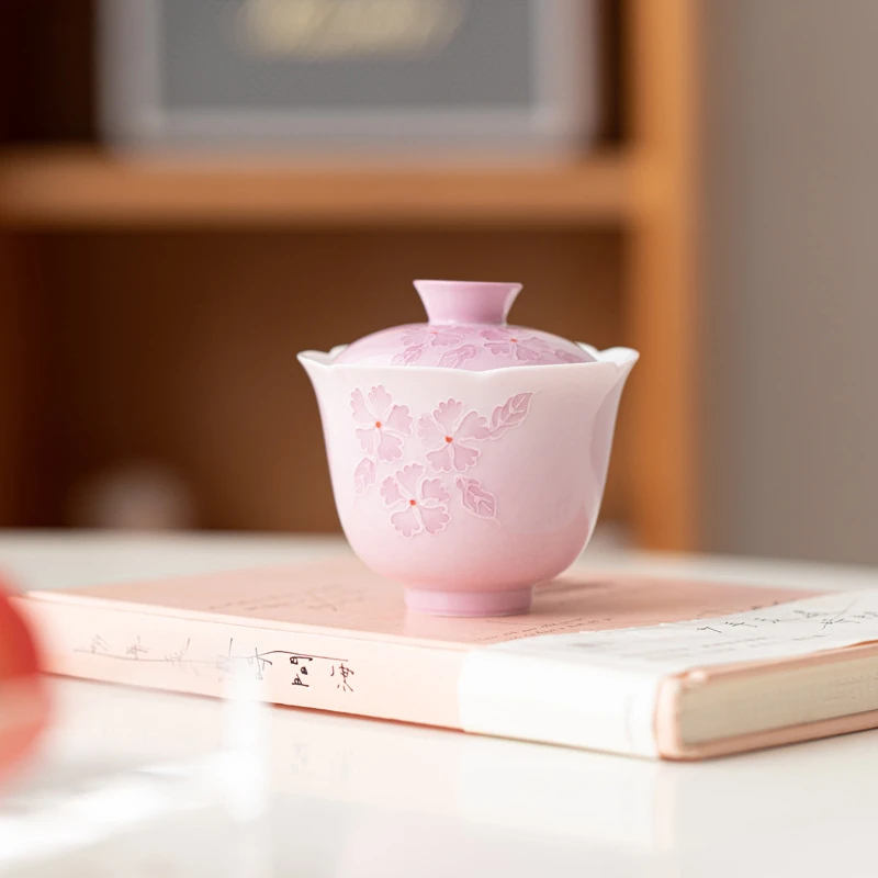 White Porcelain Stack Carving Hand-painted Cherry Blossom Cover Bowl Pot Bearing Tea Bowl Kung Fu Single Cover Bowl Gaiwan