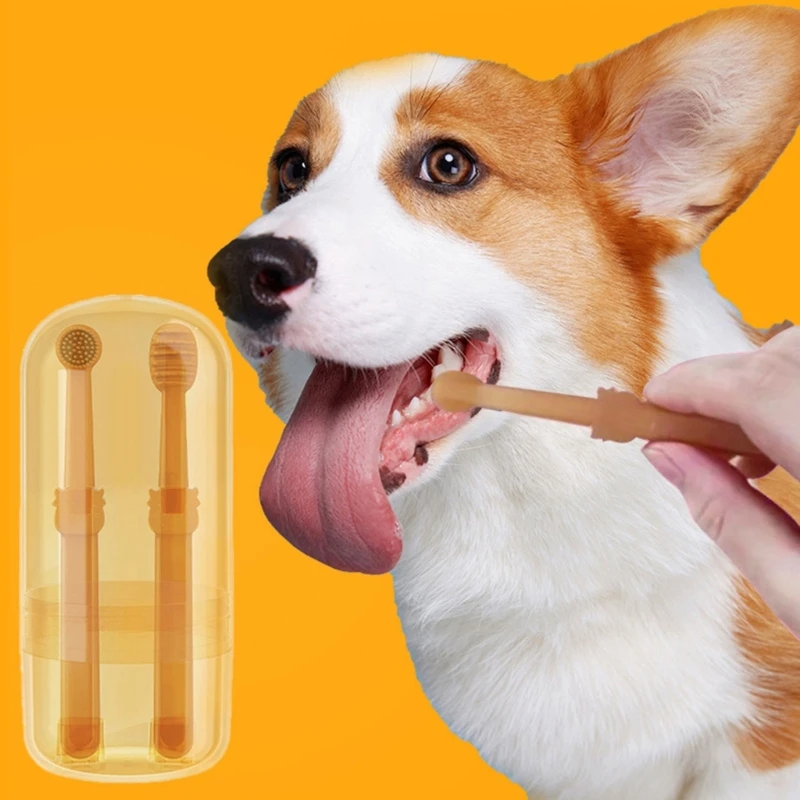 2 Pcs Safe Pet Toothbrush Set Long Handled 360-Degree Cylinder  Toothbrush Dog Cats Teeth Care Cleaning B03E