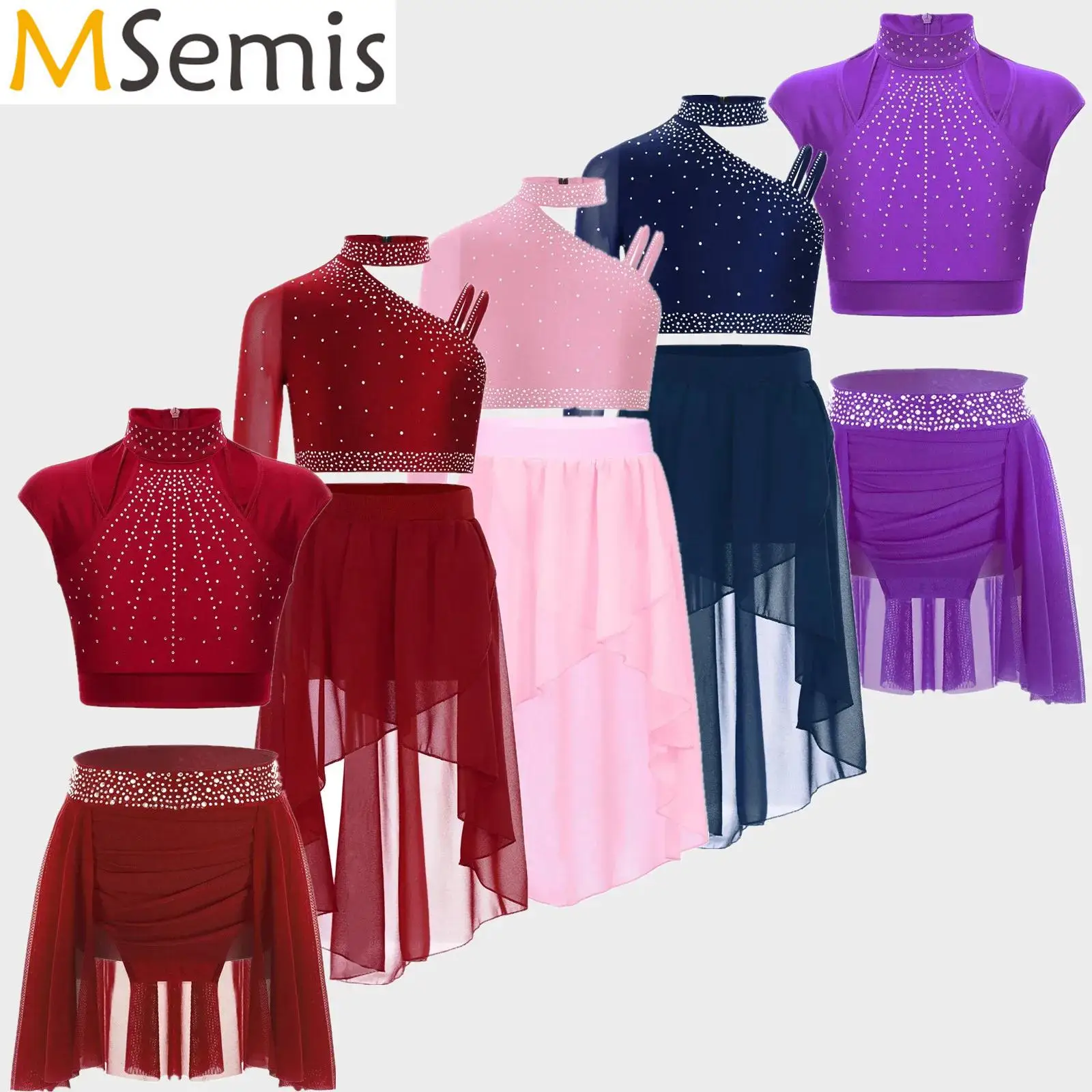 

Kids Girls Sparkly Rhinestones Gymnastics Skating Performance Costume Ballet Lyrical Modern Dance Outfits Crop Top with Skirt