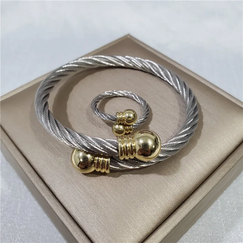 316L Stainless Steel Cable Simple Opening Female Ring Bracelet Wedding Jewelry Set  Conjuntos Feminino Bijoux Enfant Pour Fille