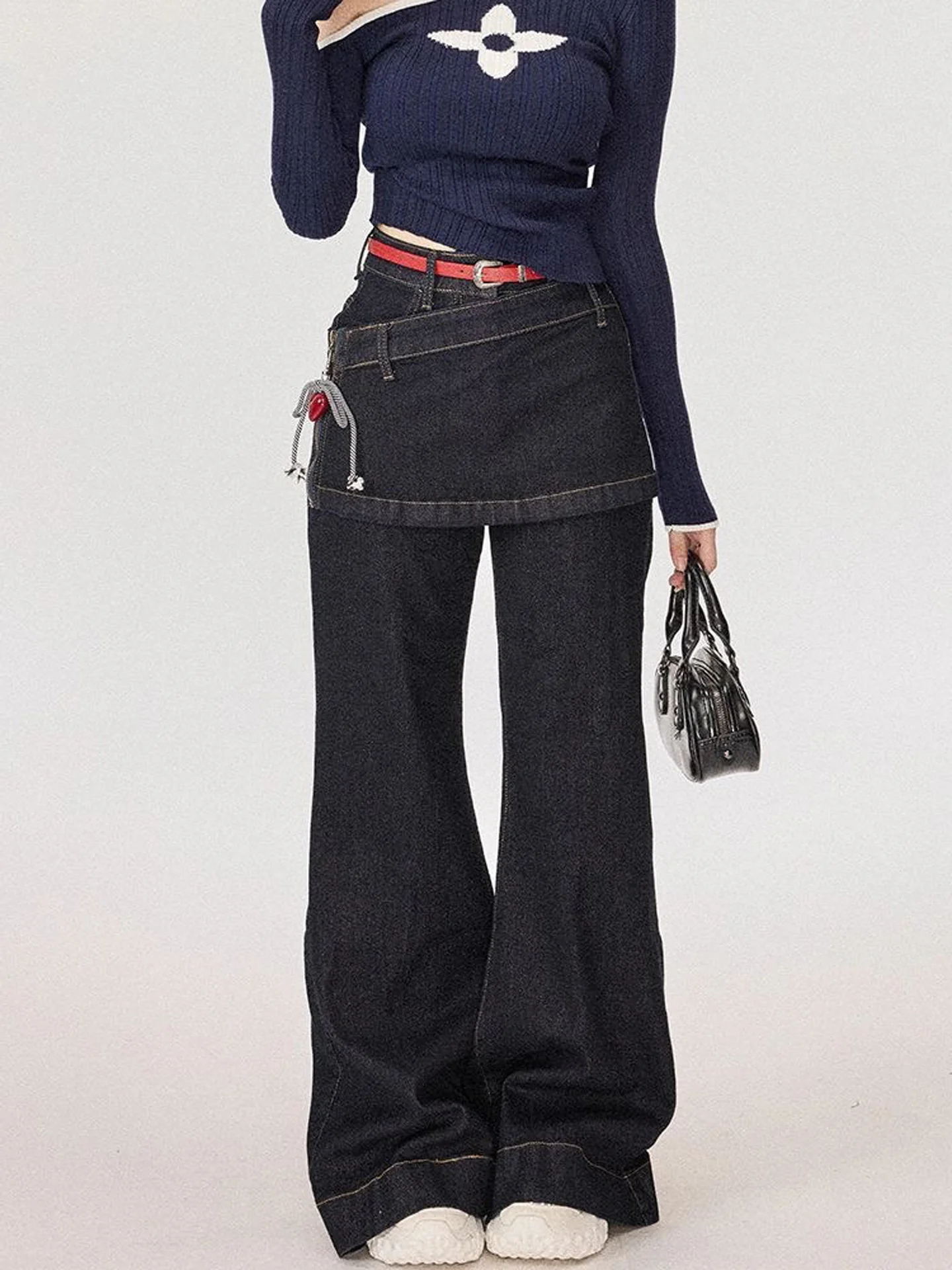 American Retro Fashion High Waist Wide Leg Jeans Women's Design Sense Misaligned Splice Butt Curtain Micro Flared Denim Skirt...