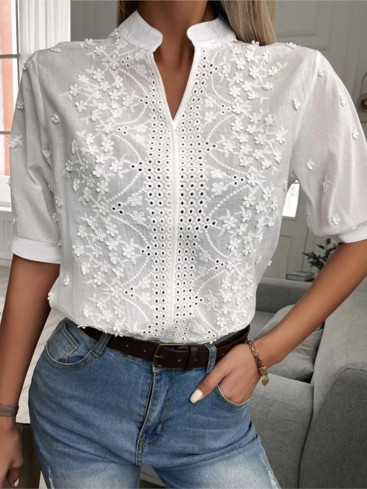 Summer Women\'s White Top Blouse New Fashion Elegnat V Neck Short Sleeve Casual Office Party Tops Shirts Female Lace Shirt