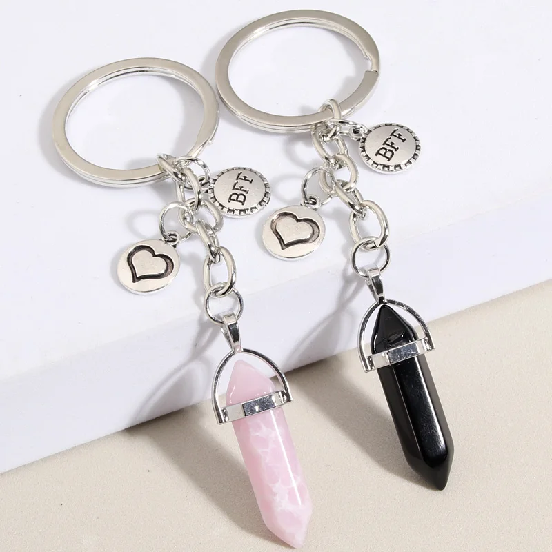 1set(2pcs) New Best Friends Keychain Natural Crystal Quartz Stone Key Ring Heart BFF Key Chain Friendship Gift Jewelry Handmade